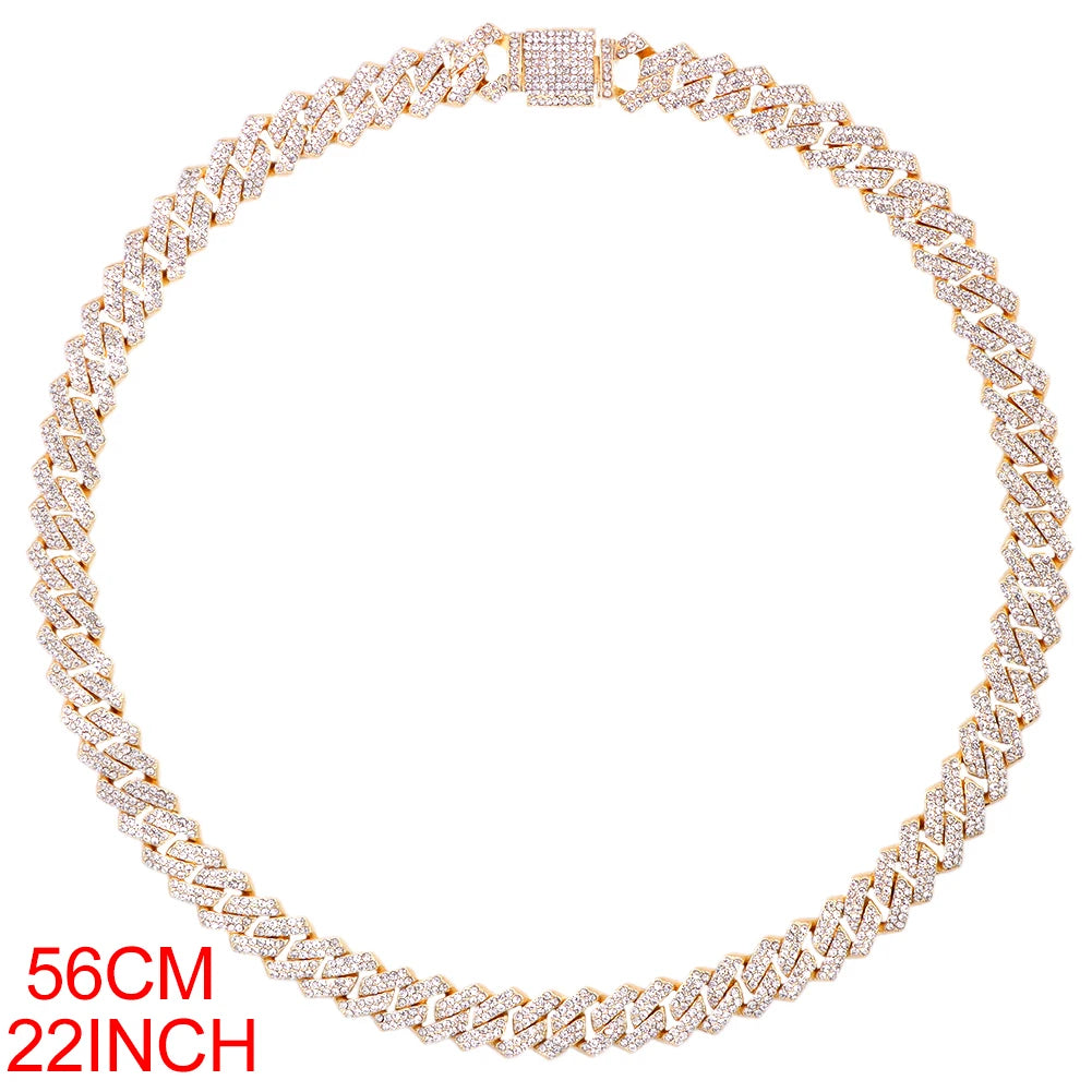 14MM Miami Prong Cuban Link Chain Necklace for Women Gold Silver Color Luxury 2 Row Rhinestones Cuban Choker Iced Out Jewelry