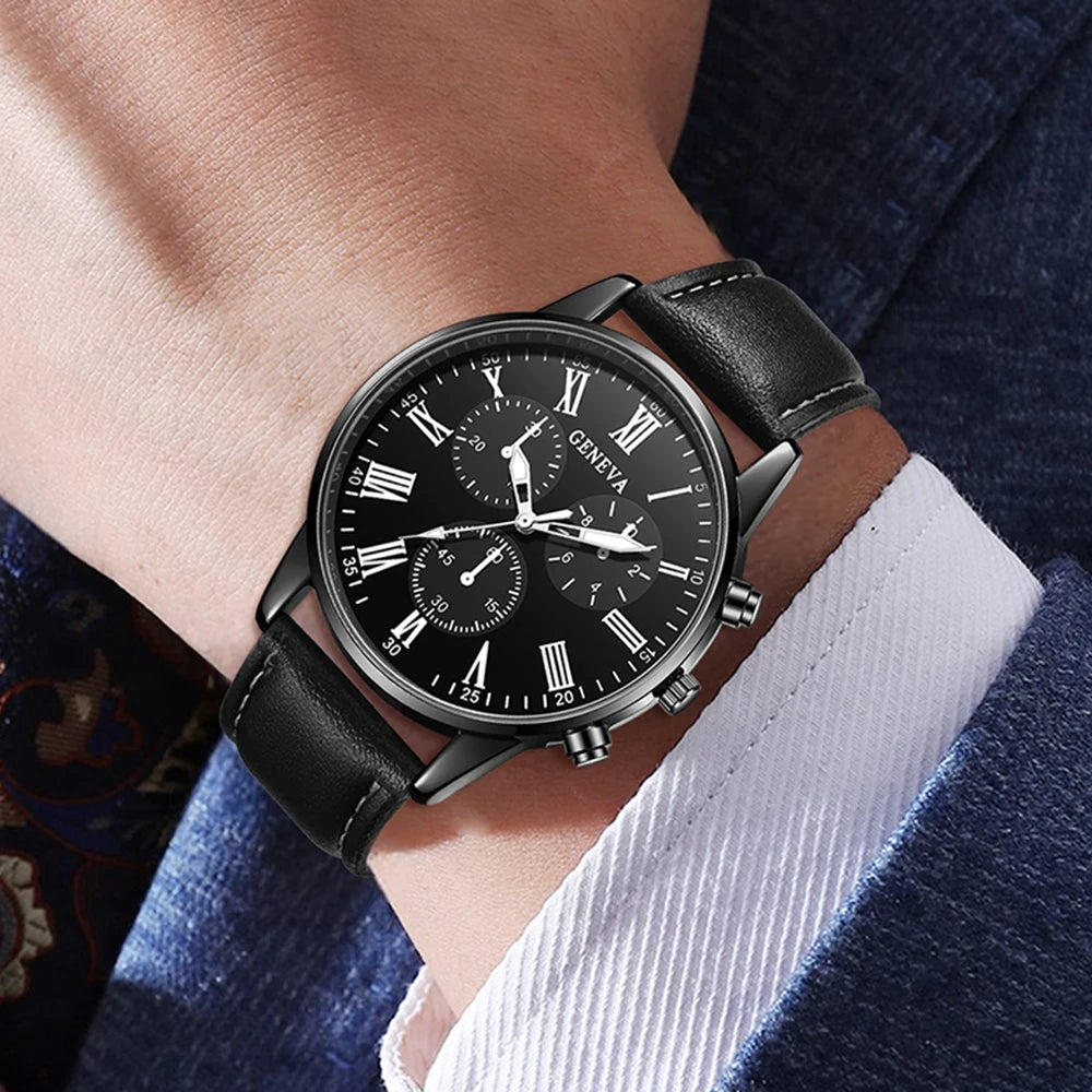 4PCS Black Men's Watch Set Business Trend Versatile Roman Digital Scale Quartz Watch Bracelet Necklace Ring Set Perfect Gift Set