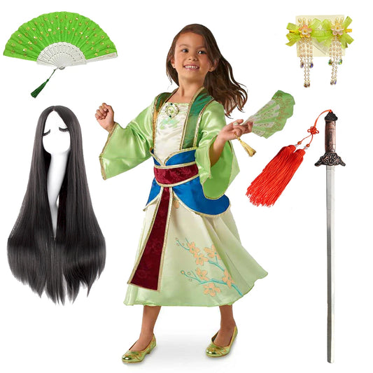 Halloween Girls Mulan Dress Children Fancy Fairy Princess Dress Up Chinese Style Christmas Vintage Green Floral Dresses Hanfu