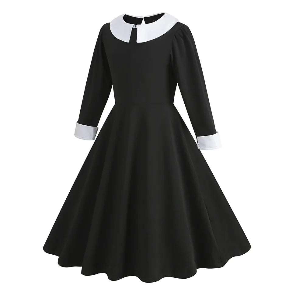 Black Dress Girls TV Series Role Playing Halloween Costume Toddler Adams Weirdo Family Cosplay Apparel
