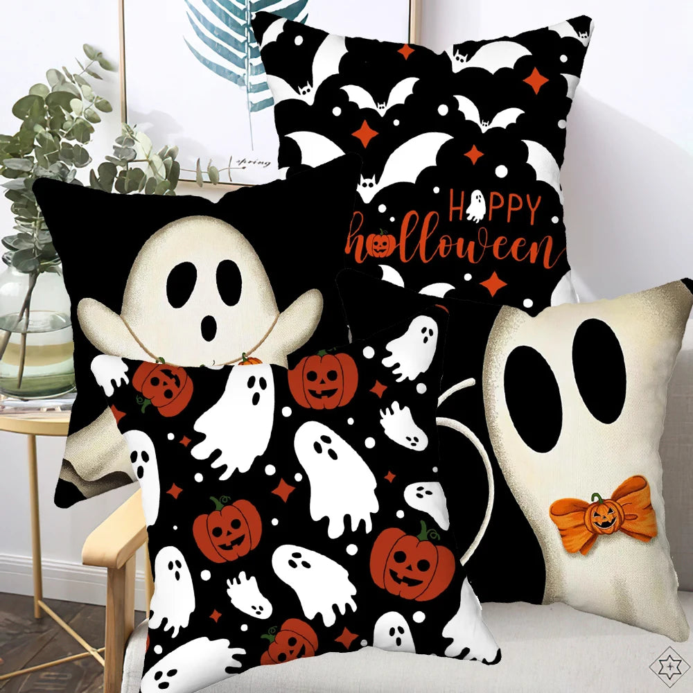 4-Pack Halloween Throw Pillow Covers 45X45cm Ghost Pumpkin Bat Pattern Ideal for Sofa, Bed, Car, Living Room Home Decor