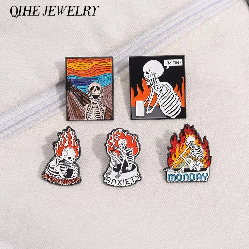 Halloween Skeleton Oil Painting Design Enamel Pins I'm Fine Anxiety Overthiking Skull Brooches Lapel Badge Punk Jewelry Gifts