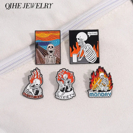 Halloween Skeleton Oil Painting Design Enamel Pins I'm Fine Anxiety Overthiking Skull Brooches Lapel Badge Punk Jewelry Gifts