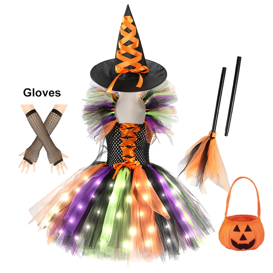 Halloween Girls Witch LED Dress Carnival Vestidos Party Dress Kids Cosplay Children Costume Festival Party Princess Dress