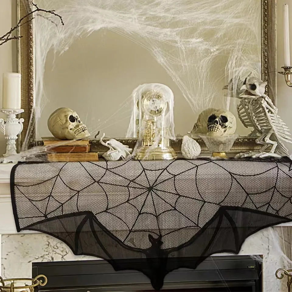 Halloween Lace Curtains Black Bat Tablecloth Hearthstone Scarf Cover Family Room Spider Web Horror Decoration Party Decoration
