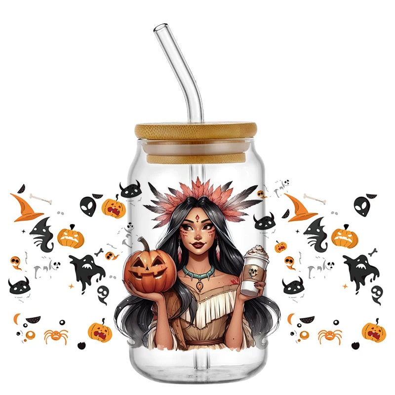 Miniso Halloween Stitch Mixed Cartoon Pattern Transfer Stickers Waterproof UV DTF Cup Wraps 3D Wrap Decal For 16oz Libbey Glass