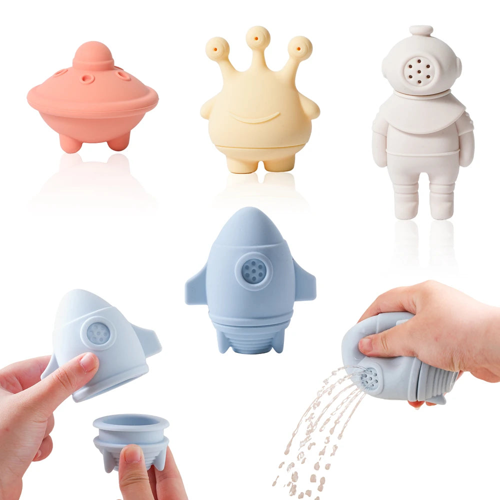 Children's Bath Toys Silicone Space Water Spray Pinch Toys Early Education Intelligence Baby Water Bathtub Bathroom Toys Set
