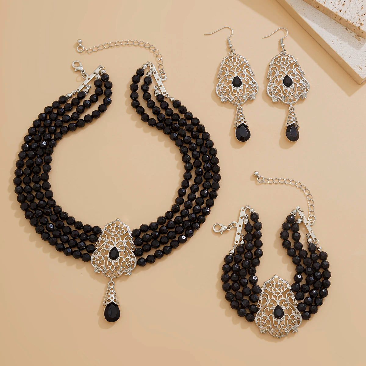 Ingemark Goth Multilayer Crystal Chain Necklace Bracelet Drop Earrings for Women Temperament Jewelry Set Halloween Accessories