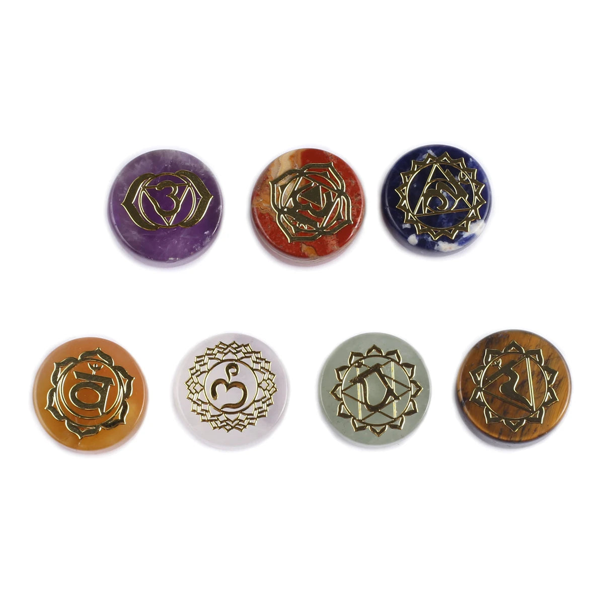 Set of 7 Pieces Natural Stones  Pendulum Reiki Healing Stones Engraved  Seven Chakra Symbols Reiki Healing Gems