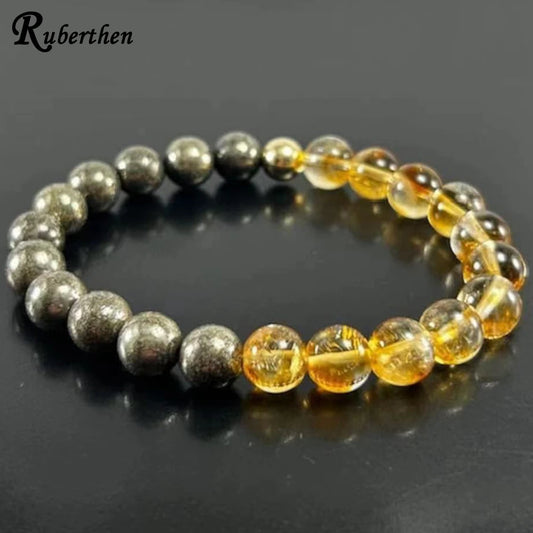 Ruberthen 8 MM Pyrite Citrine Healing Crystal Bracelet Mens Womens Powerful Healing Gemstone Bracelet