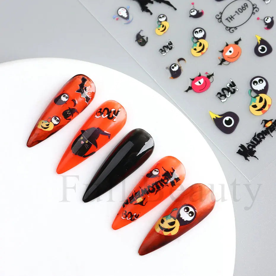 Nail Stickers Halloween Series Bat Skull Bone Ghost Pumpkin Pattern 3D Self Adhesive Decals For Nails Manicure Decoration LATH