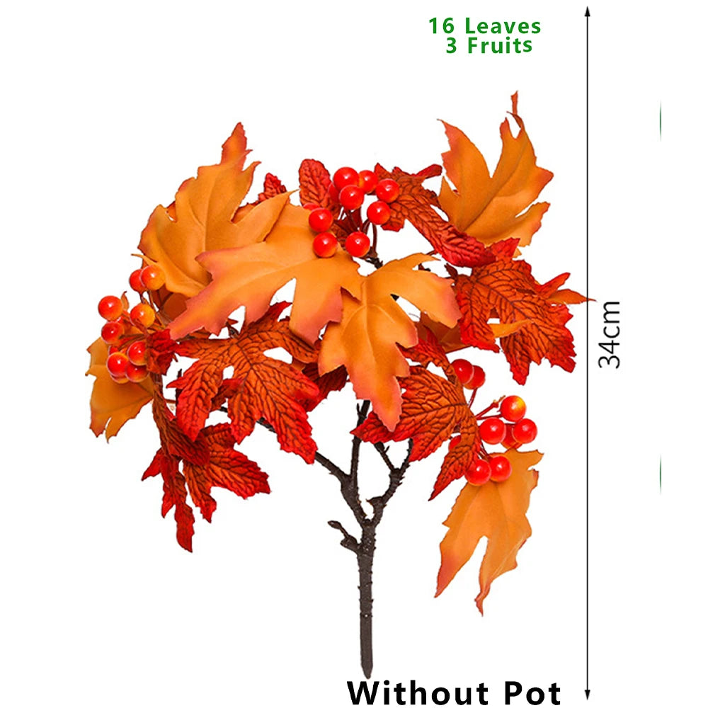 34cm Artificial Maple Leaves Branch Autumn Plants Fake Pinecone Red Berries Silk Leafs for Home Outdoors Halloween  Decor
