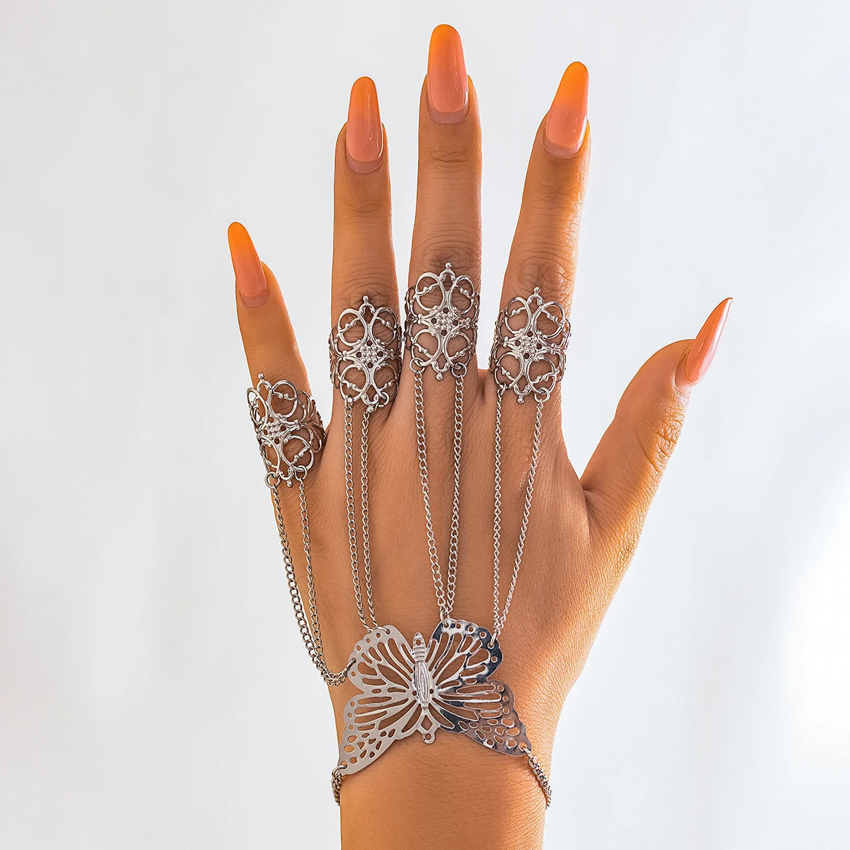 PuRui Punk Metal Finger Rings Bracelet for Women Butterfly Charm Hand Back Chain Bangles Fit Halloween Party Girls Jewelry Gift