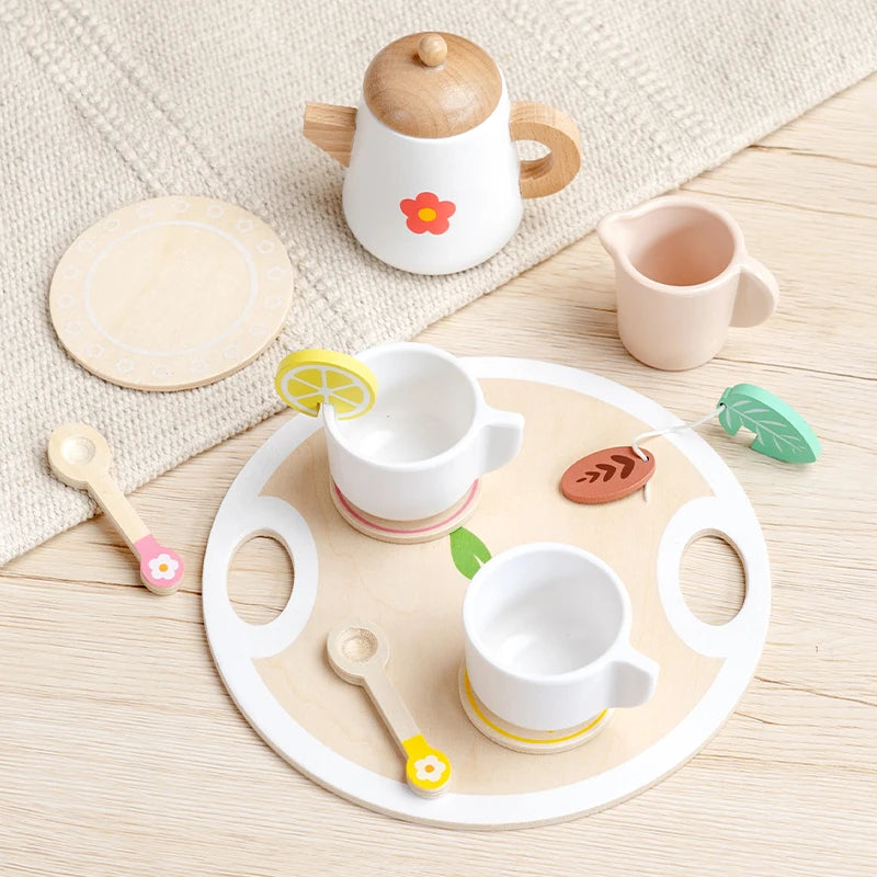 Kids Simulation Wooden Dessert Food Toys Kitchen Cookies Coffee Afternoon Tea Pretend Play Toys for Boy Girls Birthday Xmas Gift