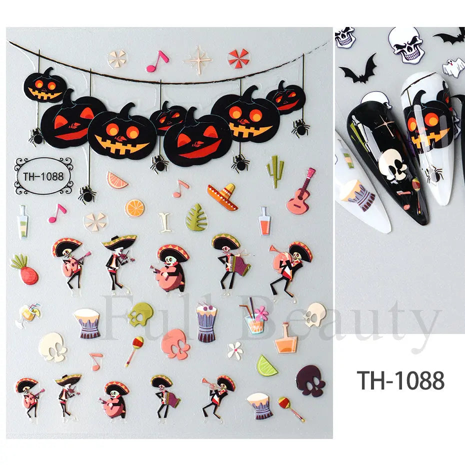 Nail Stickers Halloween Series Bat Skull Bone Ghost Pumpkin Pattern 3D Self Adhesive Decals For Nails Manicure Decoration LATH