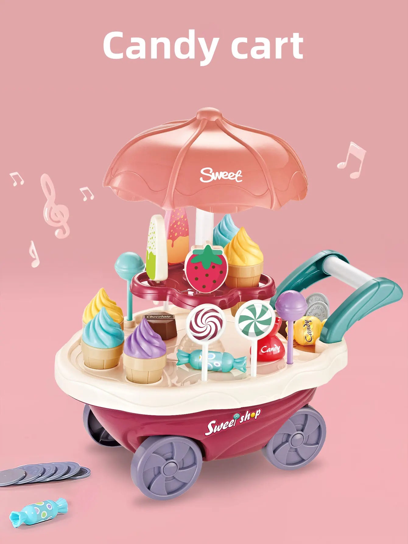 Family Play Children's Toys - Light and Music Mini Candy Dessert Cart with Storage Feature Toy Set