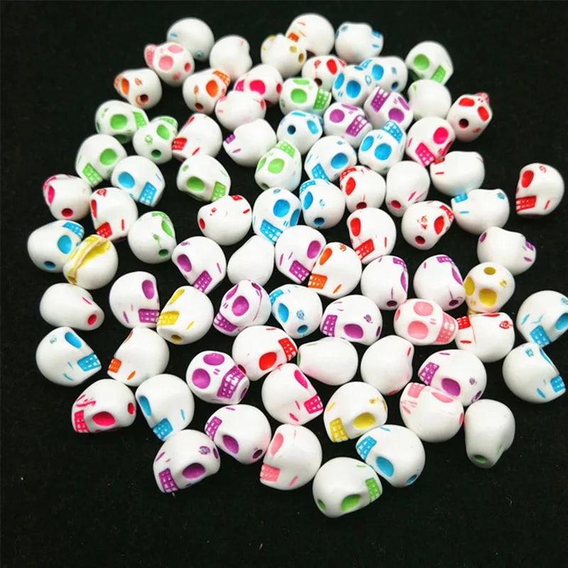30pcs/Bag 10*13mm Skull Scattered Beads Acrylic Mixed Colors Halloween Festival Materials For Jewelry Making DIY Bracelet