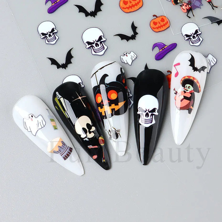 Nail Stickers Halloween Series Bat Skull Bone Ghost Pumpkin Pattern 3D Self Adhesive Decals For Nails Manicure Decoration LATH