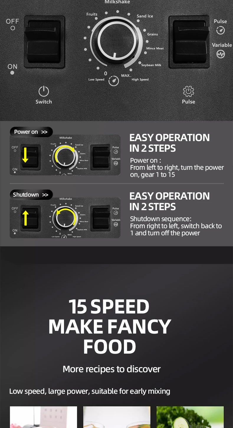 2000W Heavy Duty Commercial Blender Stationary Mixer Ice Smoothies Appliances for Kitchen Professional High Power Food Processor