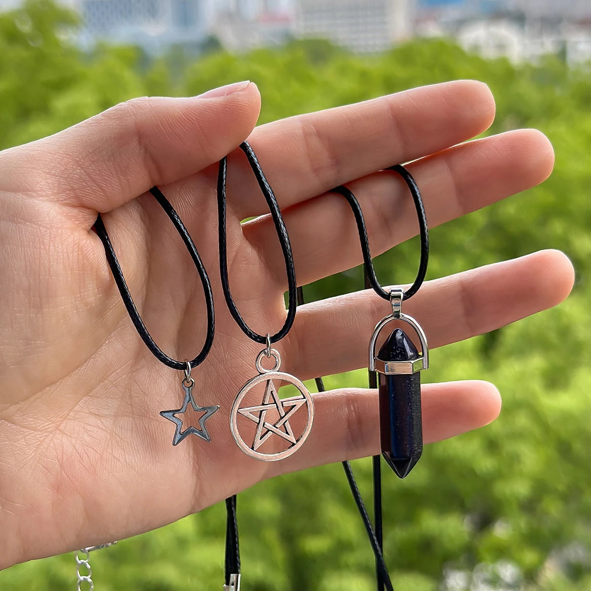 3Pcs/Set Goth Boho Pentagonal Star Crystal Leather Wax Thread Chain Necklace for Women Multilayer Choker Halloween Jewelry Gifts