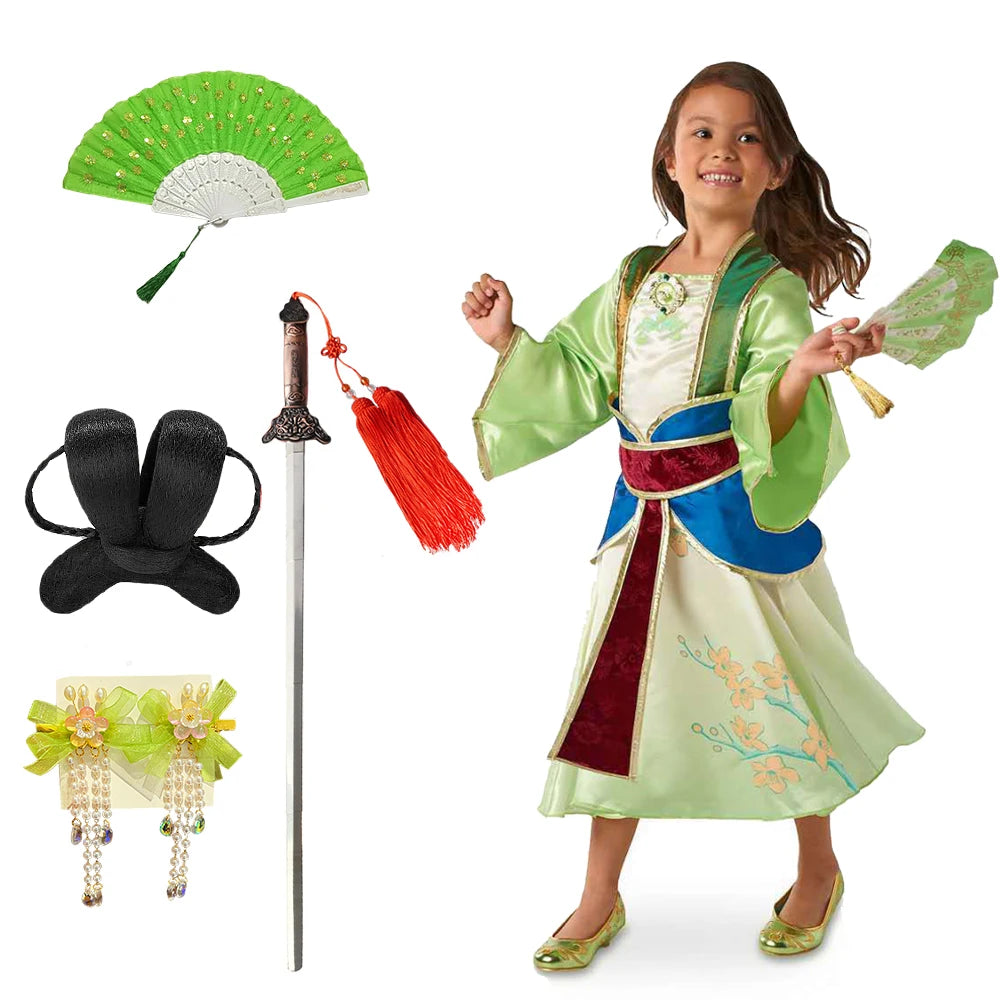 Halloween Girls Mulan Dress Children Fancy Fairy Princess Dress Up Chinese Style Christmas Vintage Green Floral Dresses Hanfu