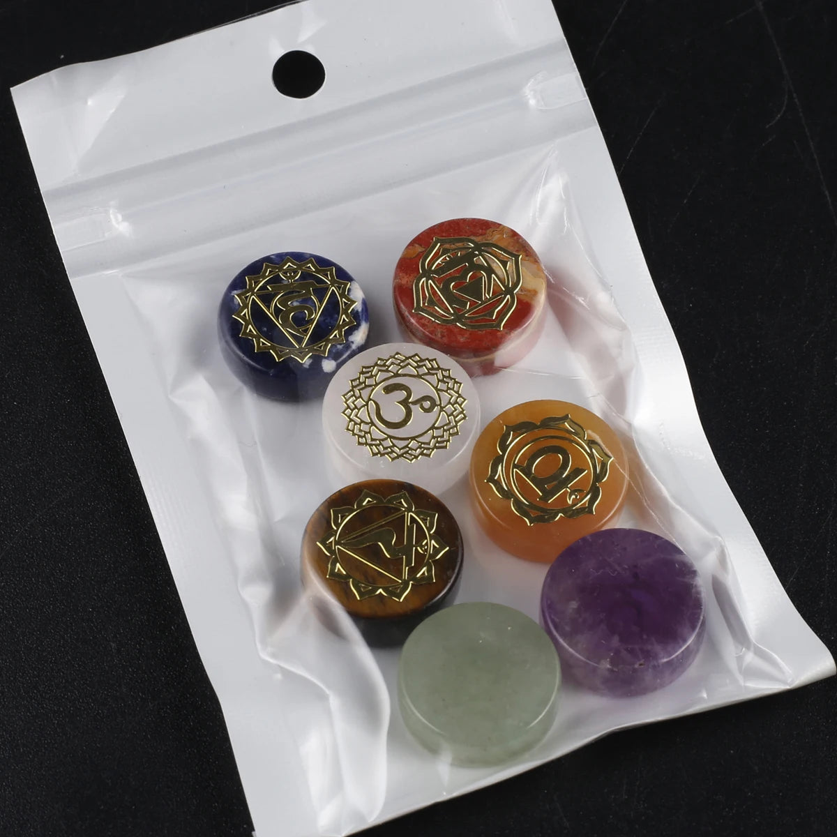 Set of 7 Pieces Natural Stones  Pendulum Reiki Healing Stones Engraved  Seven Chakra Symbols Reiki Healing Gems
