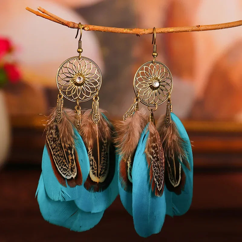 Bohemian Vintage Jewelry For Women 2024 Trendy Carved Leaf Feather Tassel Long Earrings
