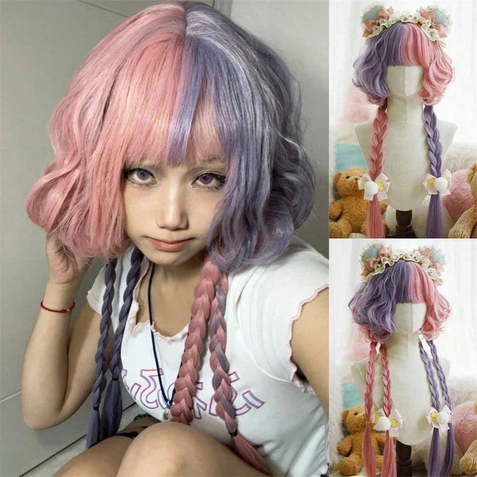 Synthetic Short Lolita Cosplay Christmas Halloween Bob Brown Blonde LM Wig With Long Curly Ponytail Natural Fake Hair for Women