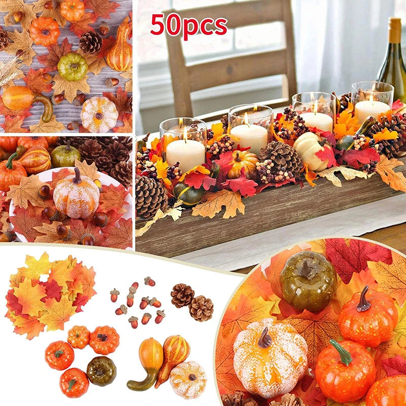 50Pcs Thanksgiving Autumn Simulation Pumpkin Decoration Set Halloween Autumn Garland Maple Pinecone Christmas Thanksgiving Decor