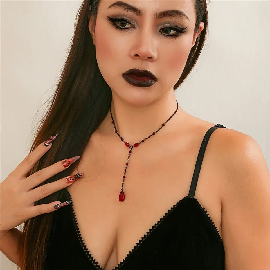 Black Water Drop Crystal Chest Chain Necklace for Women Collares Vintage Sexy Link Choker Y2K Halloween Jewelry Accessories