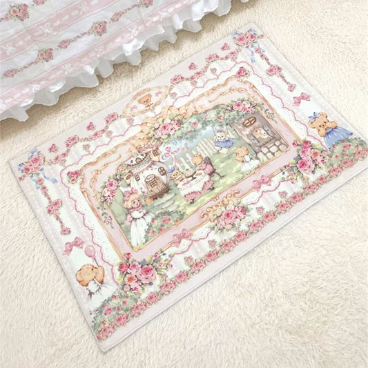 Plush Bedside Rugs for Bedroom, Vintage Carpet, Pink Doormat, Bear, Pastoral, Rose, Non-slip, Home Decoration