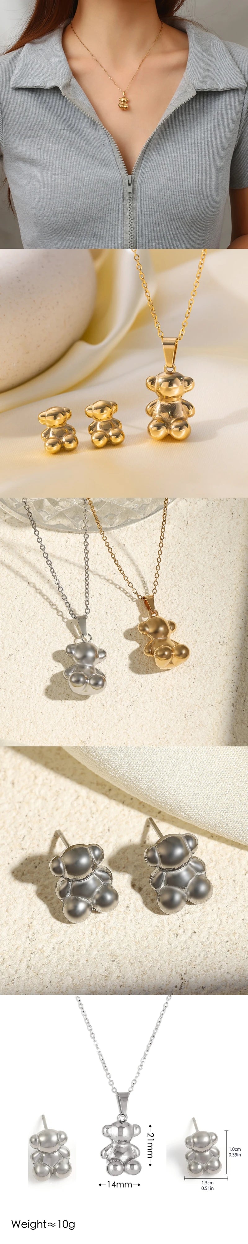 3PCS Anime Style 3D Cute Bear Earrings Necklace Set For Women High Quality Stainless Steel Not Fading INS Couples Gift Jewelry