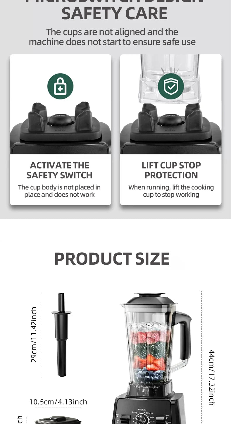 2000W Heavy Duty Commercial Blender Stationary Mixer Ice Smoothies Appliances for Kitchen Professional High Power Food Processor