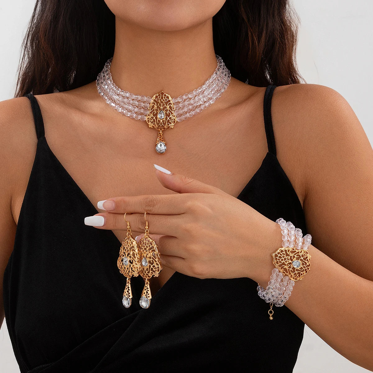 Ingemark Goth Multilayer Crystal Chain Necklace Bracelet Drop Earrings for Women Temperament Jewelry Set Halloween Accessories