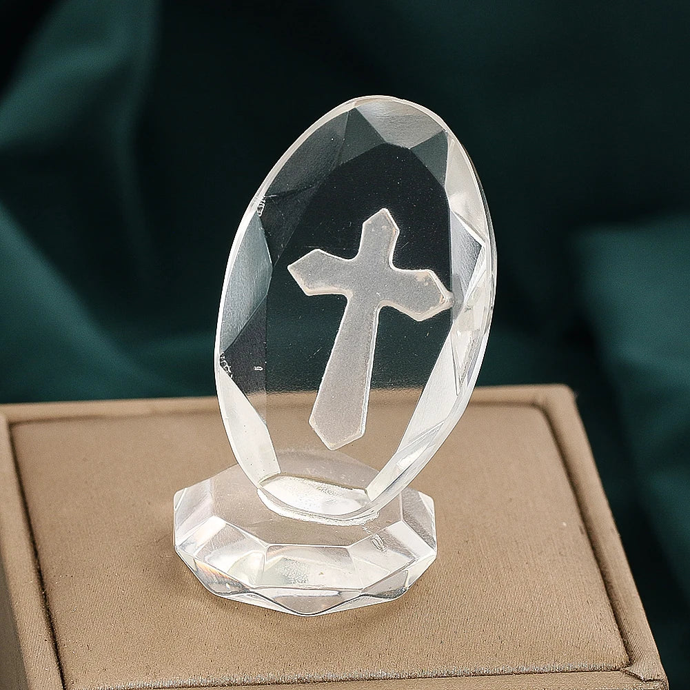 Crystal Cube Cross Figurine Ornaments 3D Laser Inside Engraved Religious Crafts Paperweight Centerpiece Decor Party Ornament