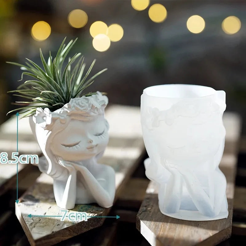 Pretty Girl Flower Pot Cement Silicone Molds Resin Candle Holder