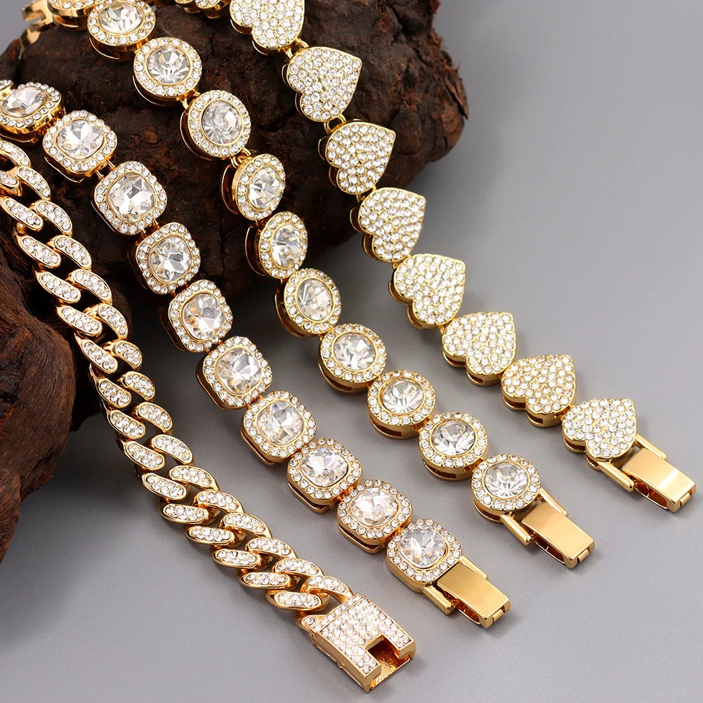 4Pcs Iced Out Chain Cuban Bracelet for Women Men Hip Hop Gold Silver Color Full Rhinestone Heart Circle Square Bracelet Jewelry