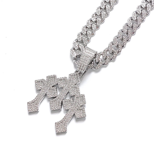 Iced Out Stacked Cross Pendant – Rhinestone Hip Hop Necklace, Gold & Silver, with 13MM Cuban Chain Option