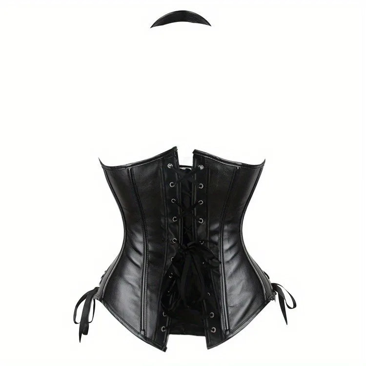PU Leather Corset Sexy Steampunk Corset Top Halter Corselet Shapewear Women Tummy Control Bustier Lace Up Halloween Costume