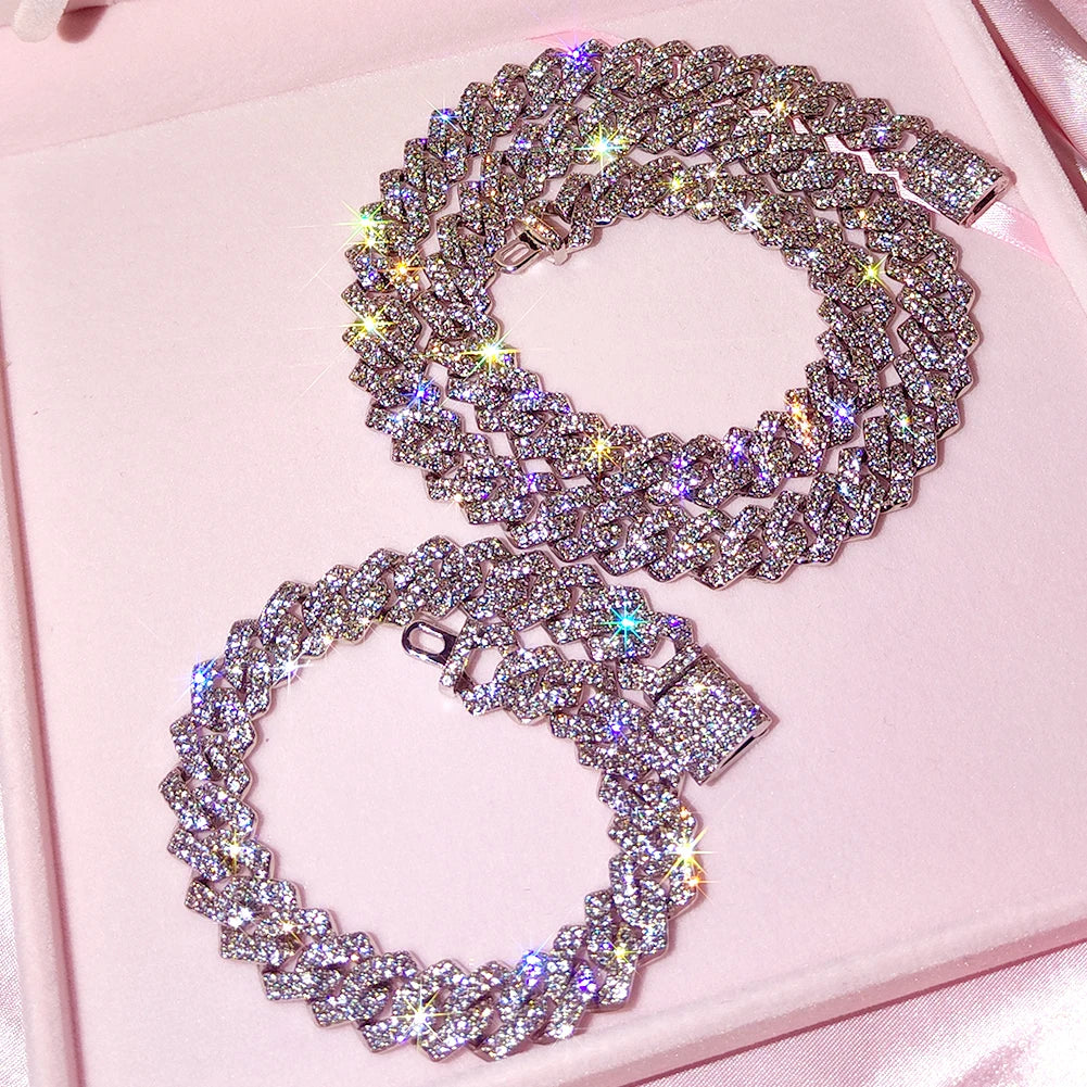 Silver Color 14mm Prong Miami Cuban Link Chain Necklace For Women Iced Out 2 Row Rhinestones Square Cuban Link Choker Jewelry