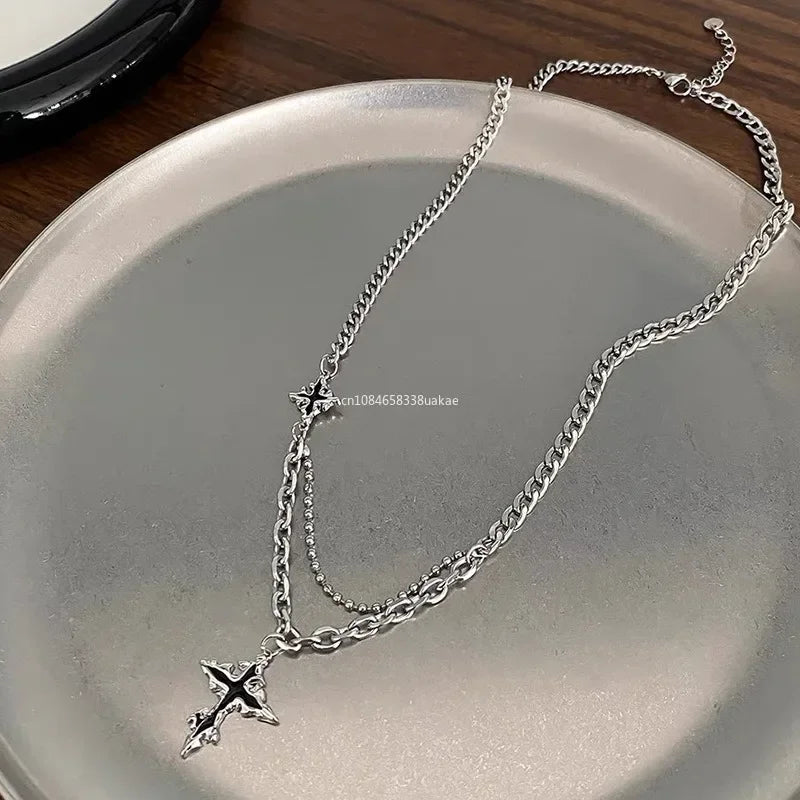 Y2K Grunge Hip Hop Halloween Jewelry Accessories Punk Metal Back Cross Pendant Silver Color Chain Necklace for Women Men 1pcs