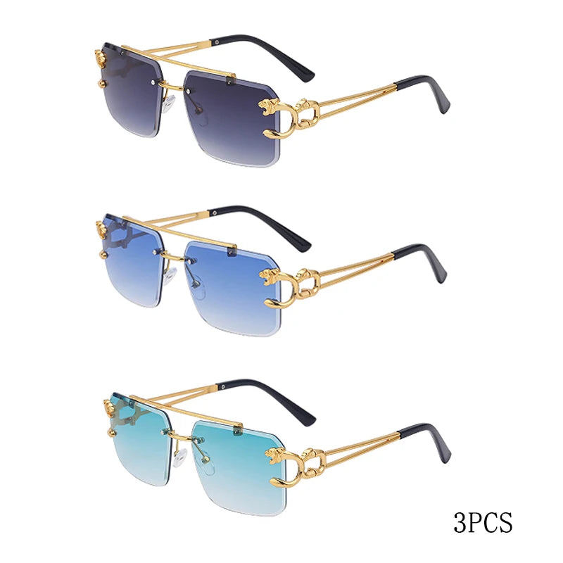 Fashion Metal Leopard Rimless Sunglasses Double Bridges Gradient Ocean Film Shades UV400