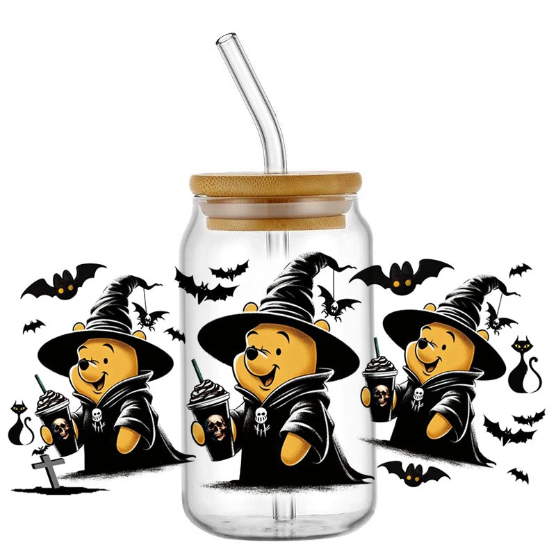 Miniso Halloween Stitch Mixed Cartoon Pattern Transfer Stickers Waterproof UV DTF Cup Wraps 3D Wrap Decal For 16oz Libbey Glass