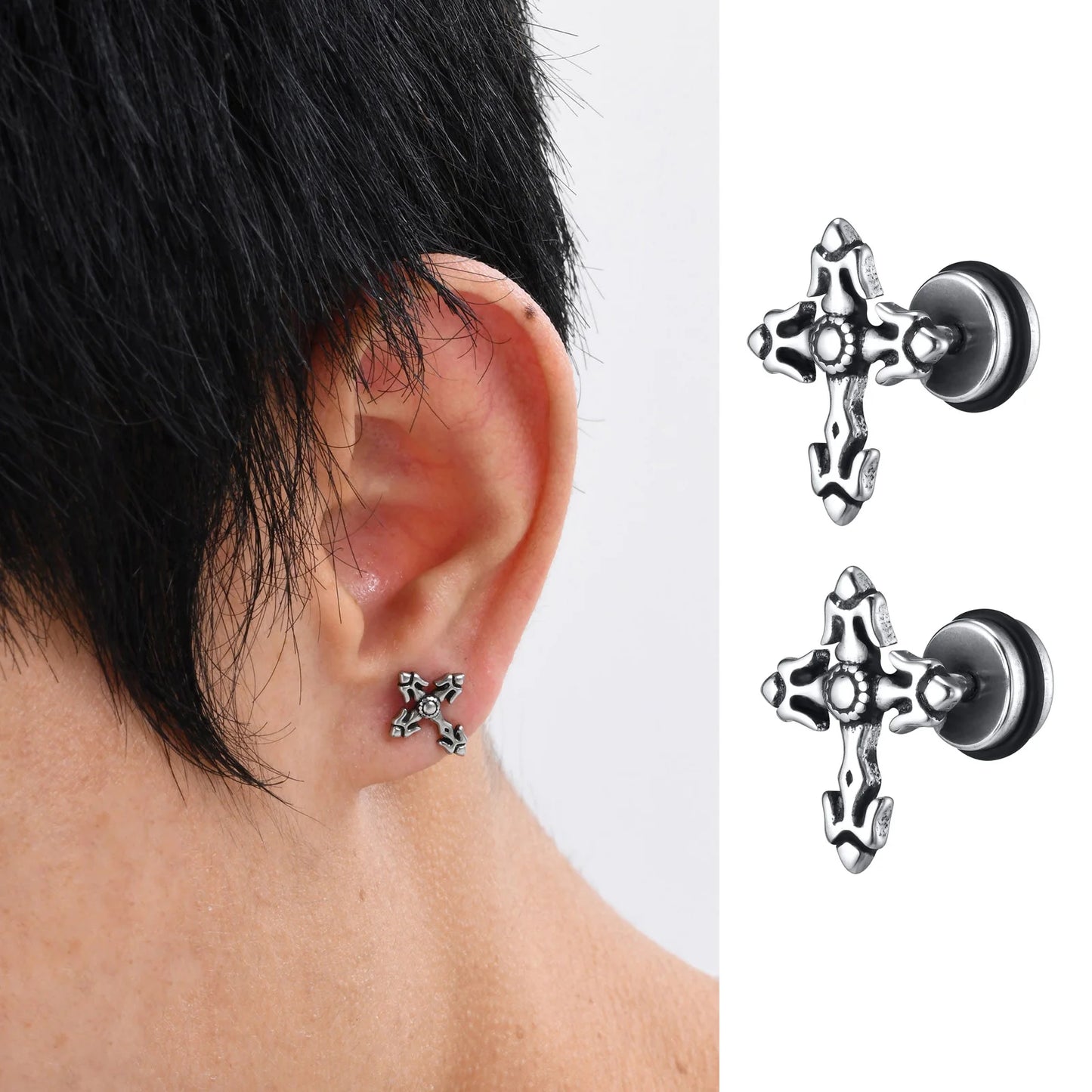 Gothic Cross Earrings for Men Boys,Waterproof Stainless Steel Stud Earrings,Rock Punk Prayer Jewelry Halloween Gifts