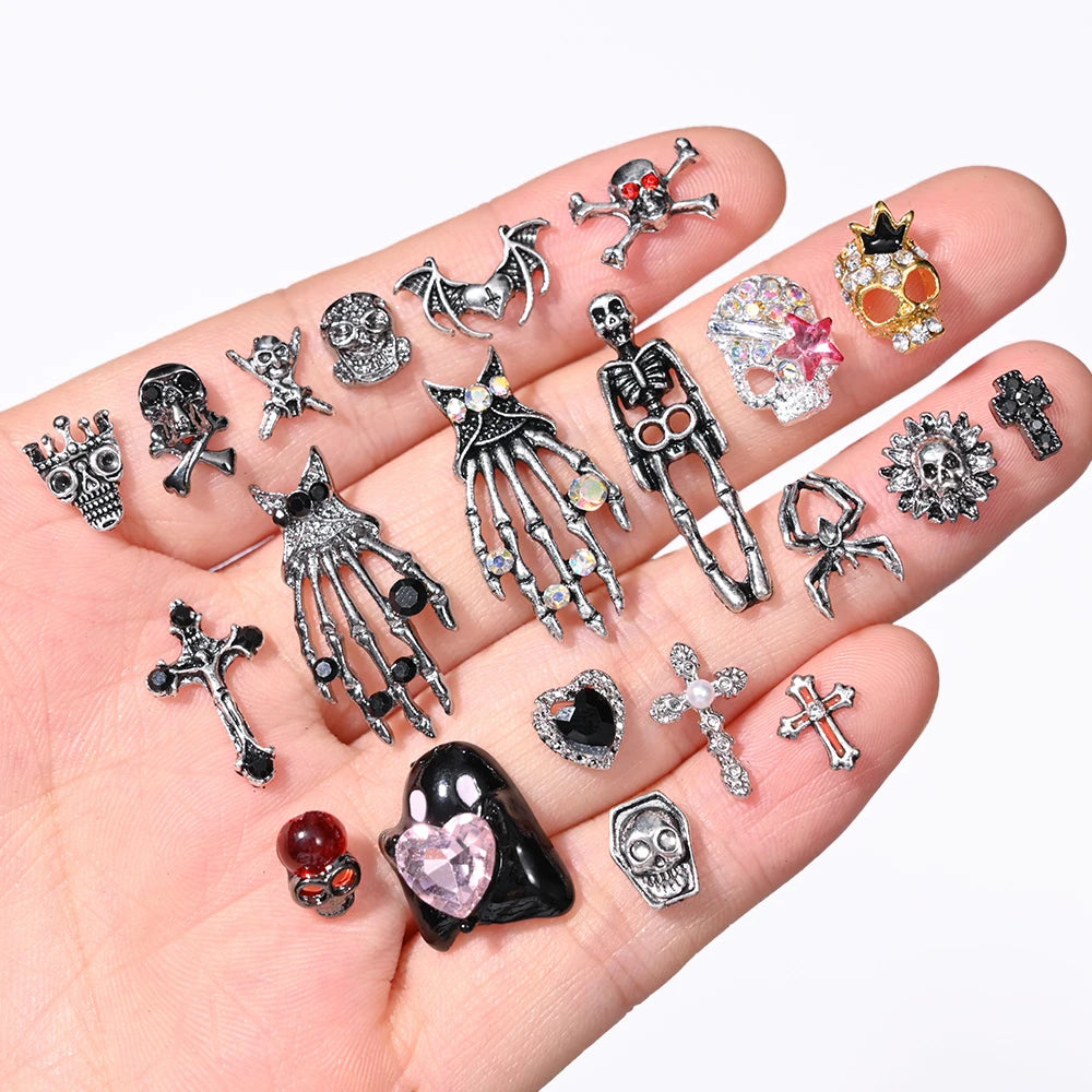 10pcs Bone Skeleton Halloween Nail Charms Scary Decoration Nail DIY 2023 Skull Cross Halloween Metal Nail Art Parts Gems