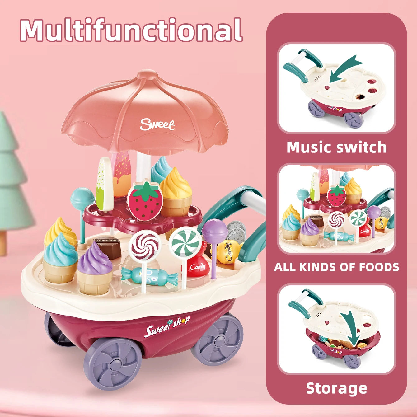 Family Play Children's Toys - Light and Music Mini Candy Dessert Cart with Storage Feature Toy Set