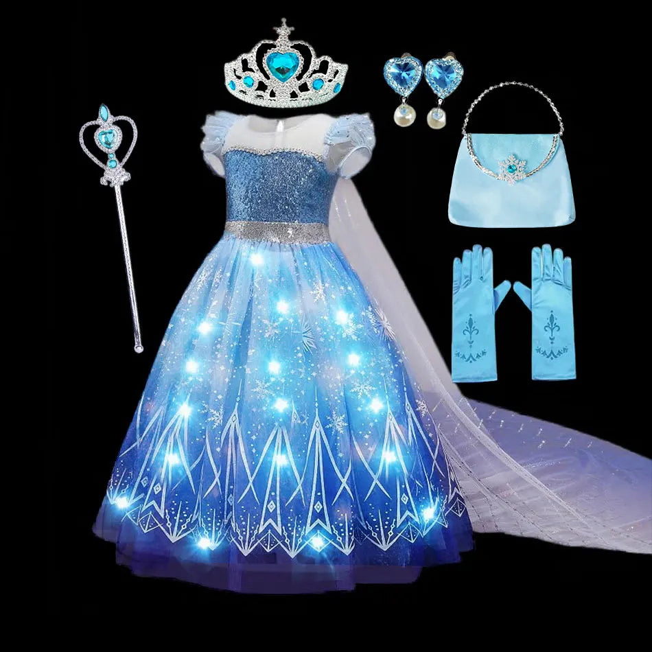 Disney Girl Elsa Role Playing Dress Light Up Kid Halloween Frozen Carnival Apparel Girls Birthday Cosplay Princess Glowing Dress