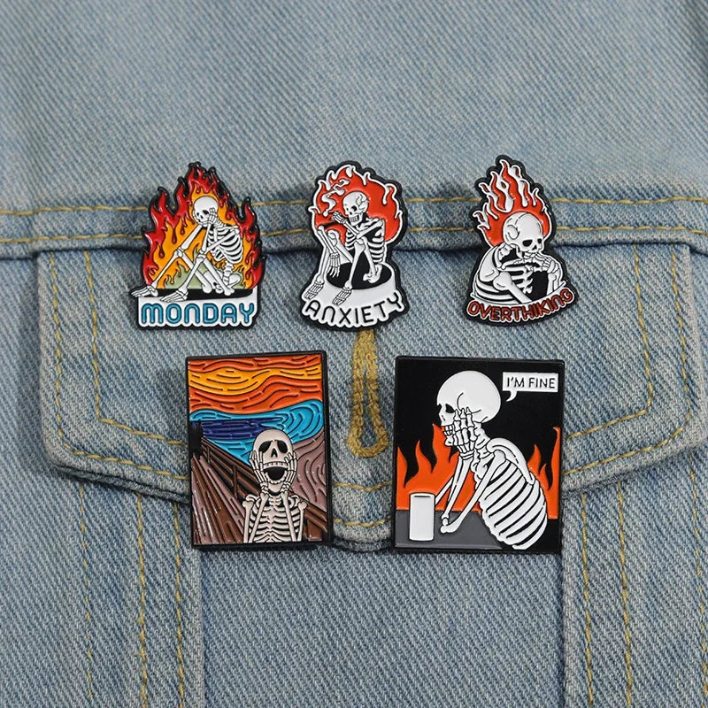 Halloween Skeleton Oil Painting Design Enamel Pins I'm Fine Anxiety Overthiking Skull Brooches Lapel Badge Punk Jewelry Gifts