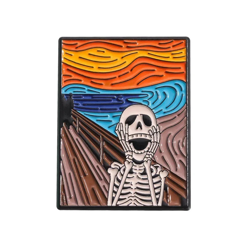 Halloween Skeleton Oil Painting Design Enamel Pins I'm Fine Anxiety Overthiking Skull Brooches Lapel Badge Punk Jewelry Gifts