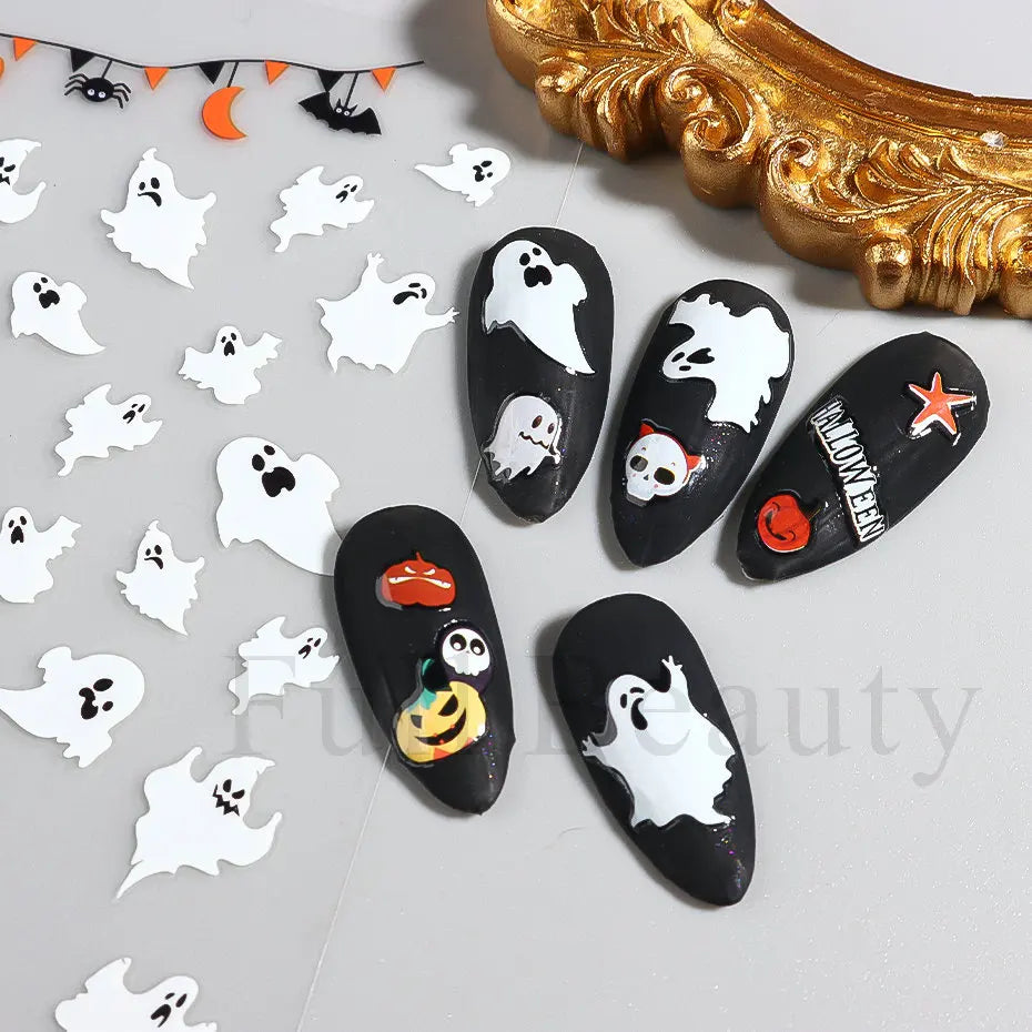 Nail Stickers Halloween Series Bat Skull Bone Ghost Pumpkin Pattern 3D Self Adhesive Decals For Nails Manicure Decoration LATH